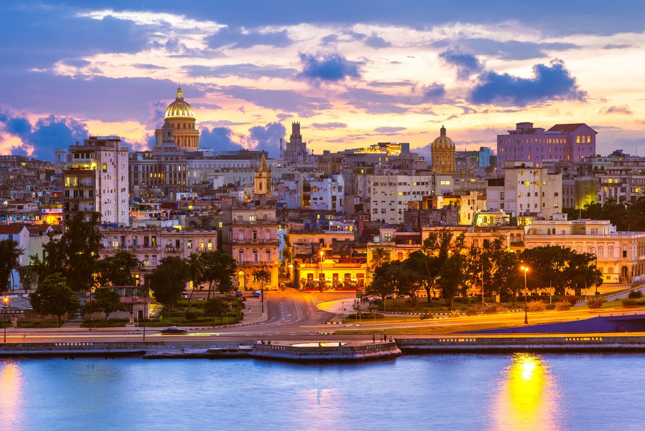 Colorful city skyline of Havana, Cuba at sunset