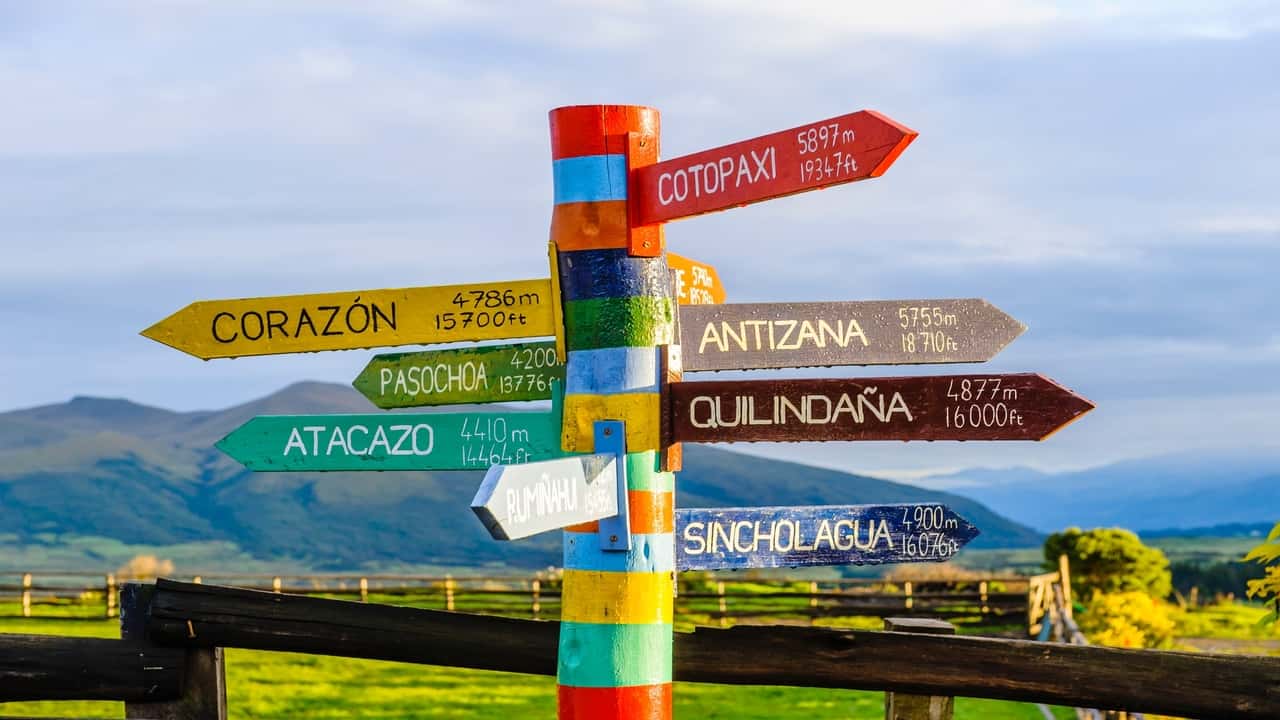 Colorful directional signpost with mountain names