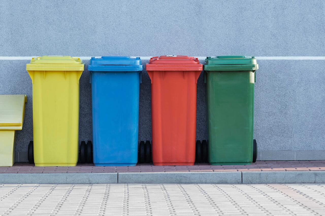 Four colored bins lined up against a gray wall