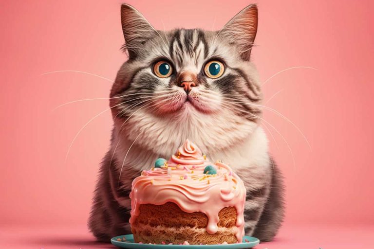 Wide-eyed cat sitting behind a decorated cake