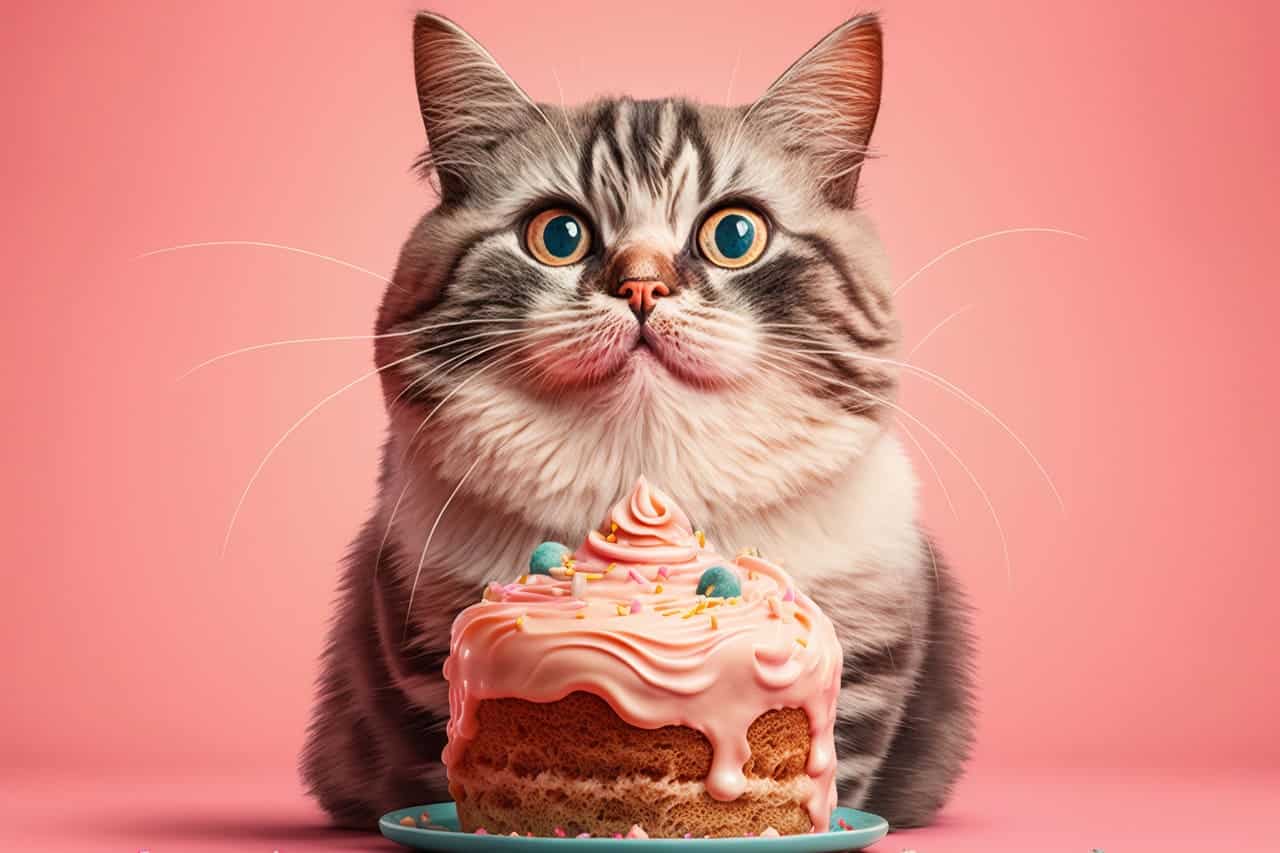 Wide-eyed cat sitting behind a decorated cake