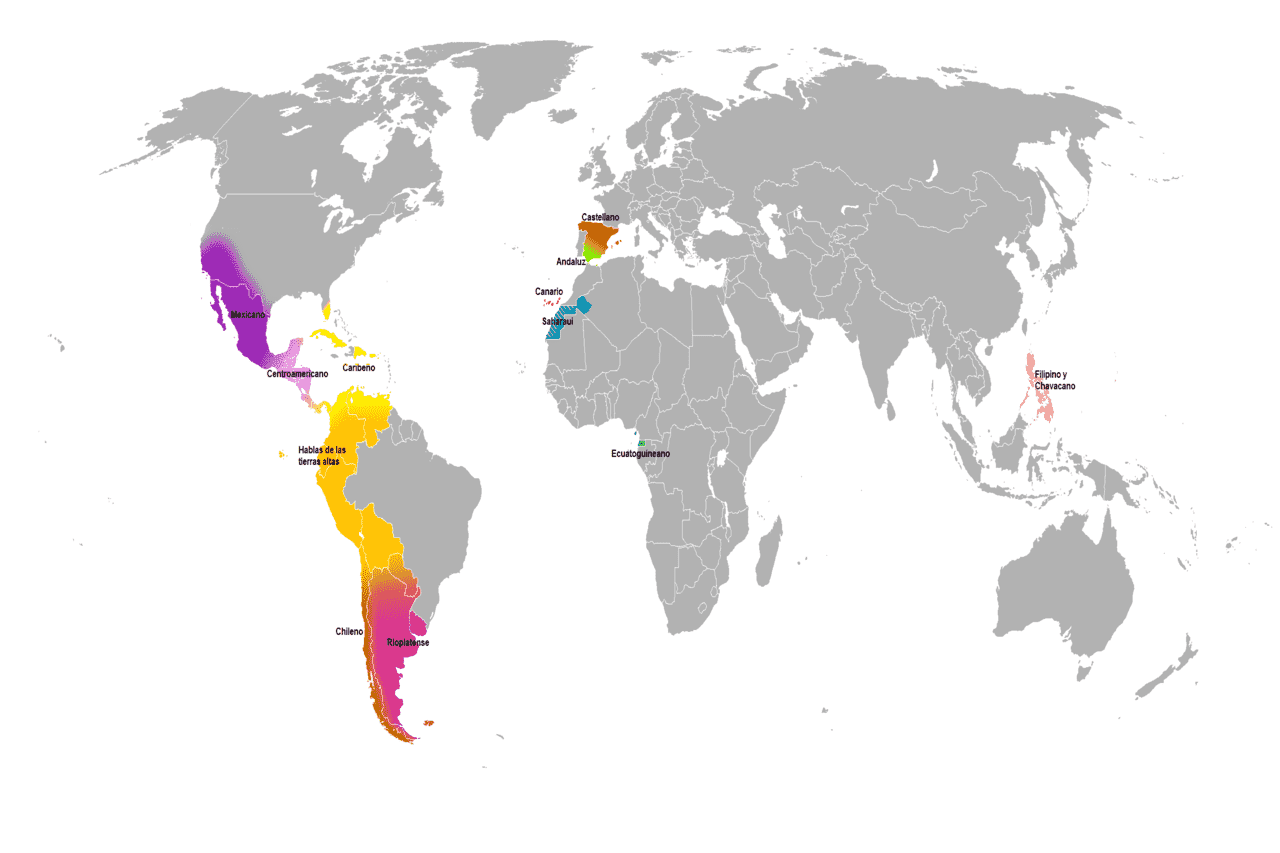 Map showing Spanish language dialects across the world
