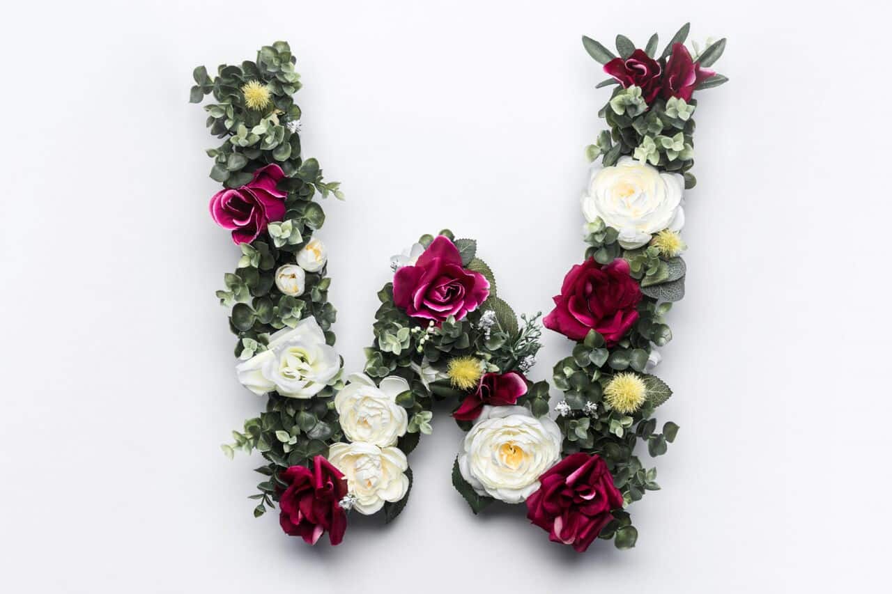 Floral letter W made from green leaves and roses