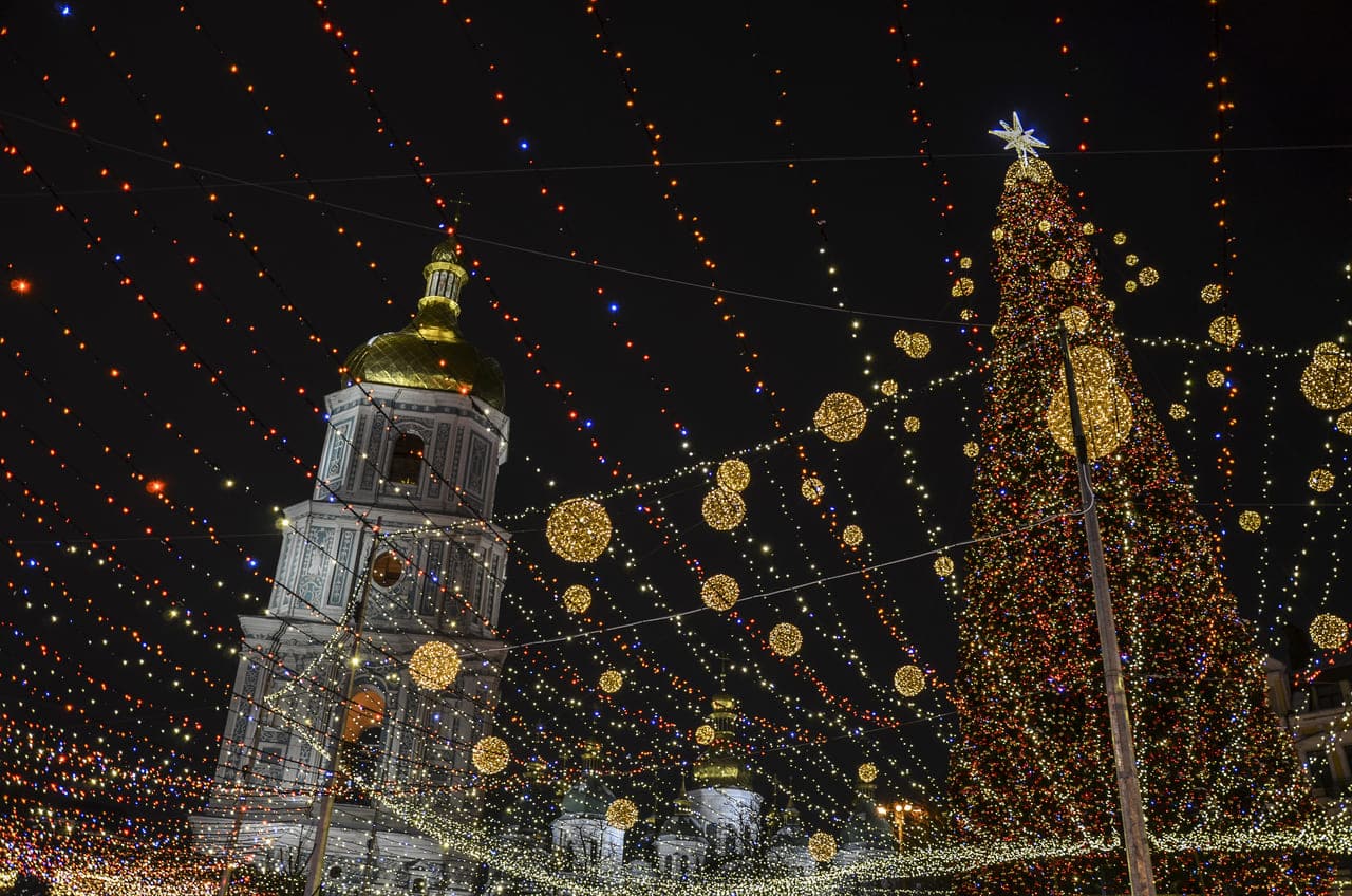 Christmas lights draped over a church and large tree