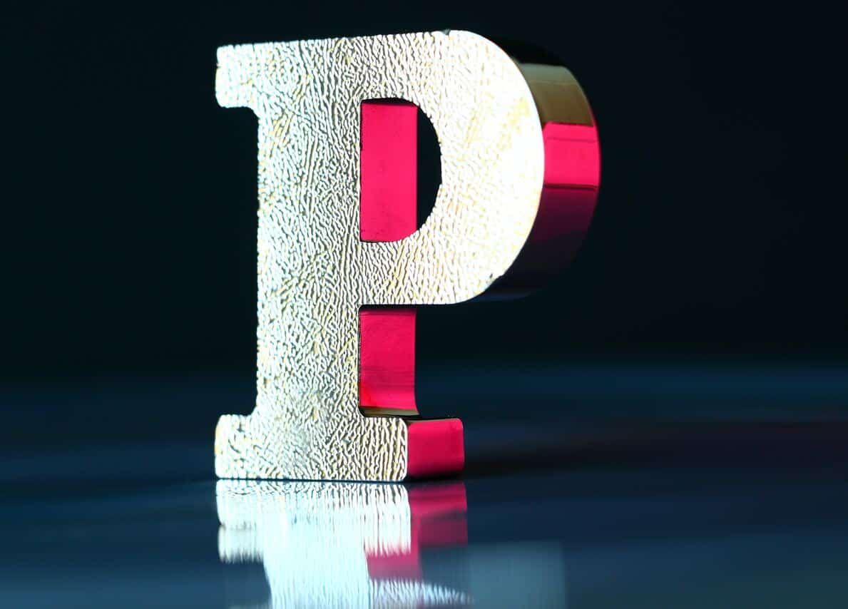 Metallic letter P with red and gold accents
