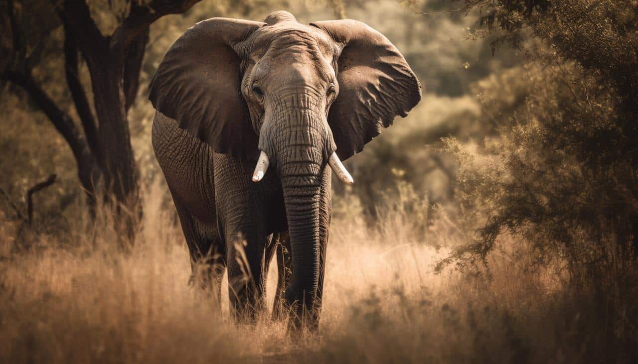 Elephant walking through tall grass in a forest