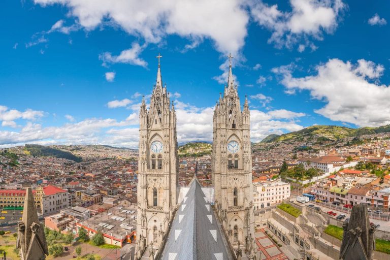 Aerial view of a gothic cathedral overlooking a city.