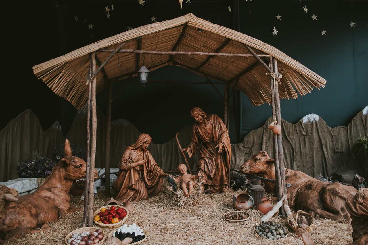 Nativity scene with Mary, Joseph, and baby Jesus