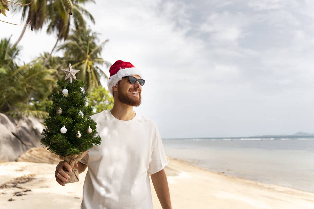 Man wearing Santa hat holding a small Christmas tree