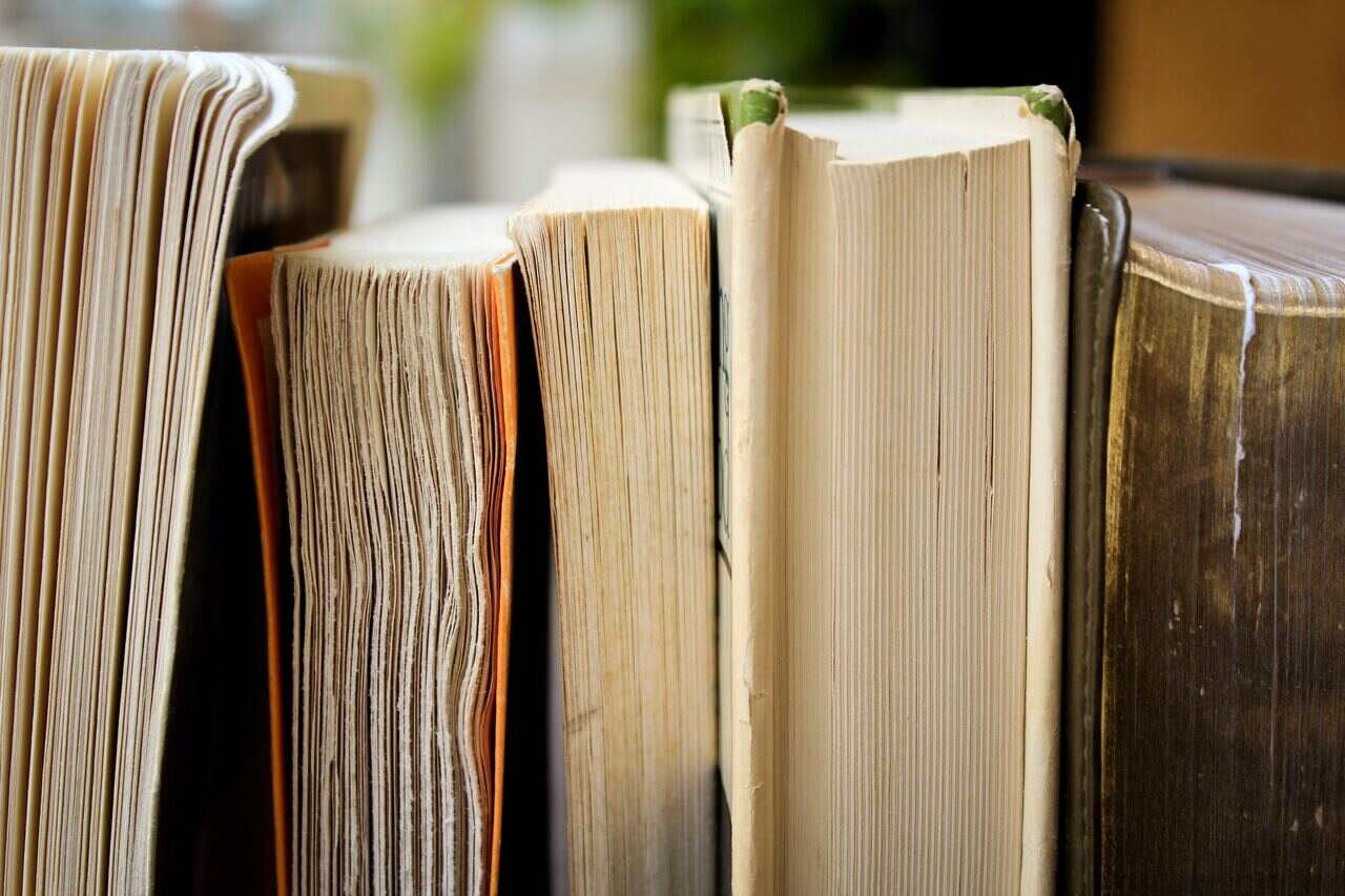 Close-up of the spines and pages of old books