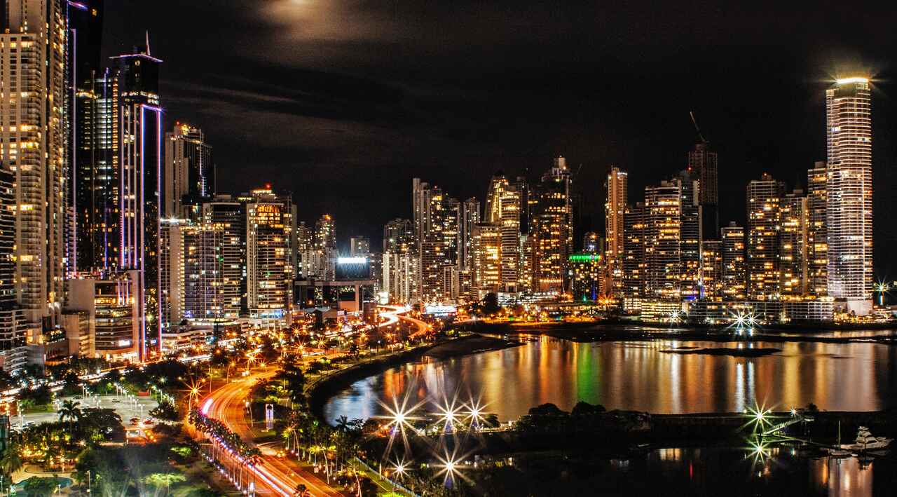 Panama City skyline illuminated at night
