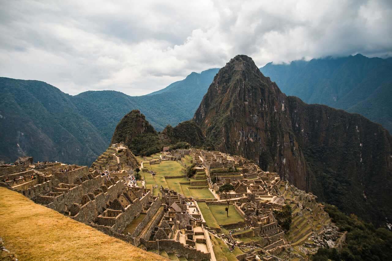 Machu Picchu with surrounding mountains in the background
