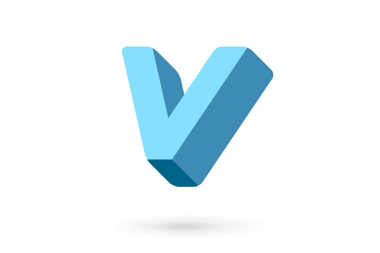 Blue 3D letter "V" with shadow on white background
