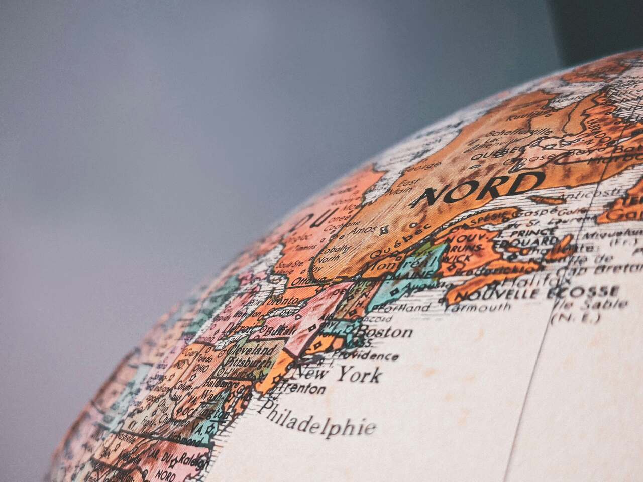 Close-up of a globe showing northeastern North America.